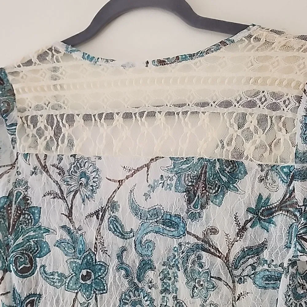 Y2K 90's Blue Floral Semi Sheer Mesh Tulle Beige Lace Trim Fitted Henley Top S E - Picture 10 of 12